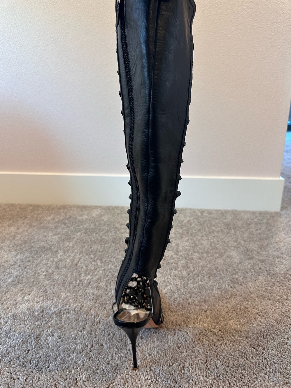 Sophia Webster Black Open Lattice Gold Studded Over-the-Knee Stiletto Boots - Picture 6 of 11